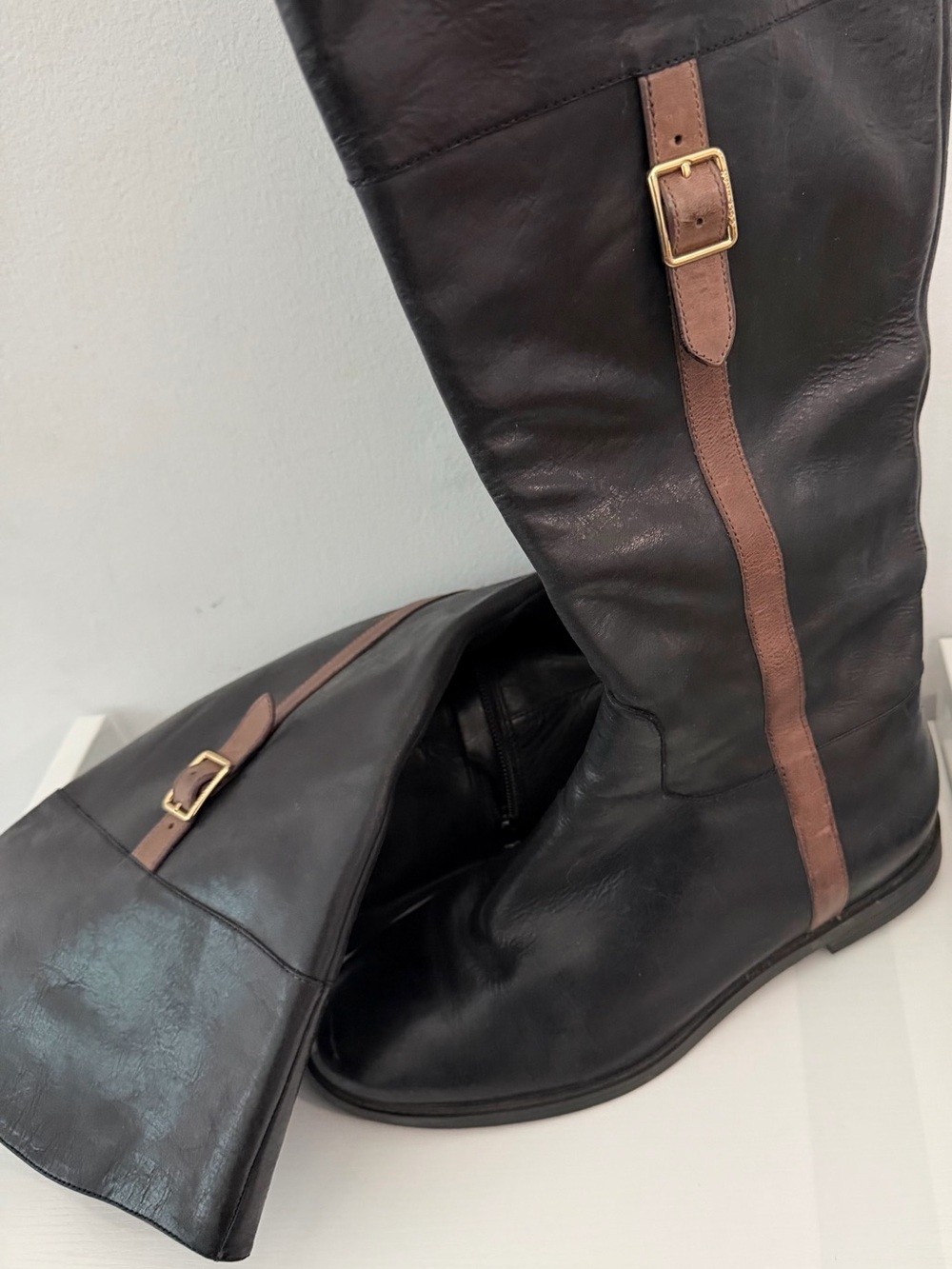 Cole Haan Black Over-the-Knee Leather Boots with Brown Strap